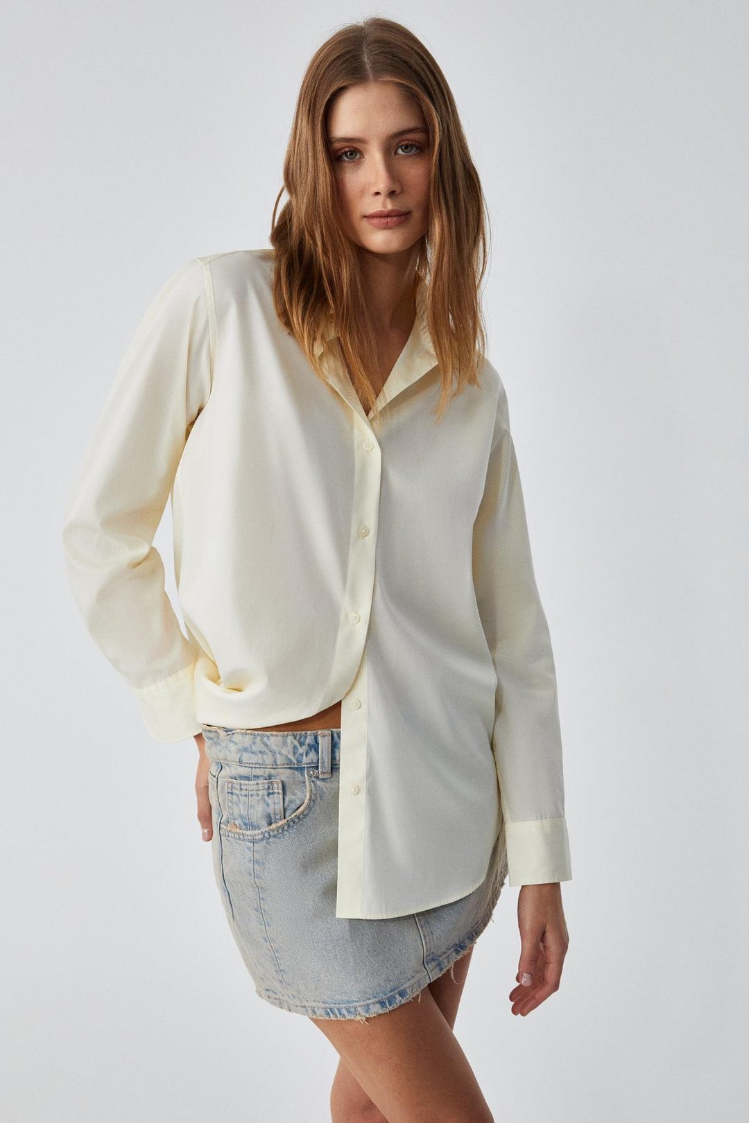 DELFINO Kadın Oversize %100 Organik Pamuk Uzun Kollu İnce Uzun Sarı Gömlek