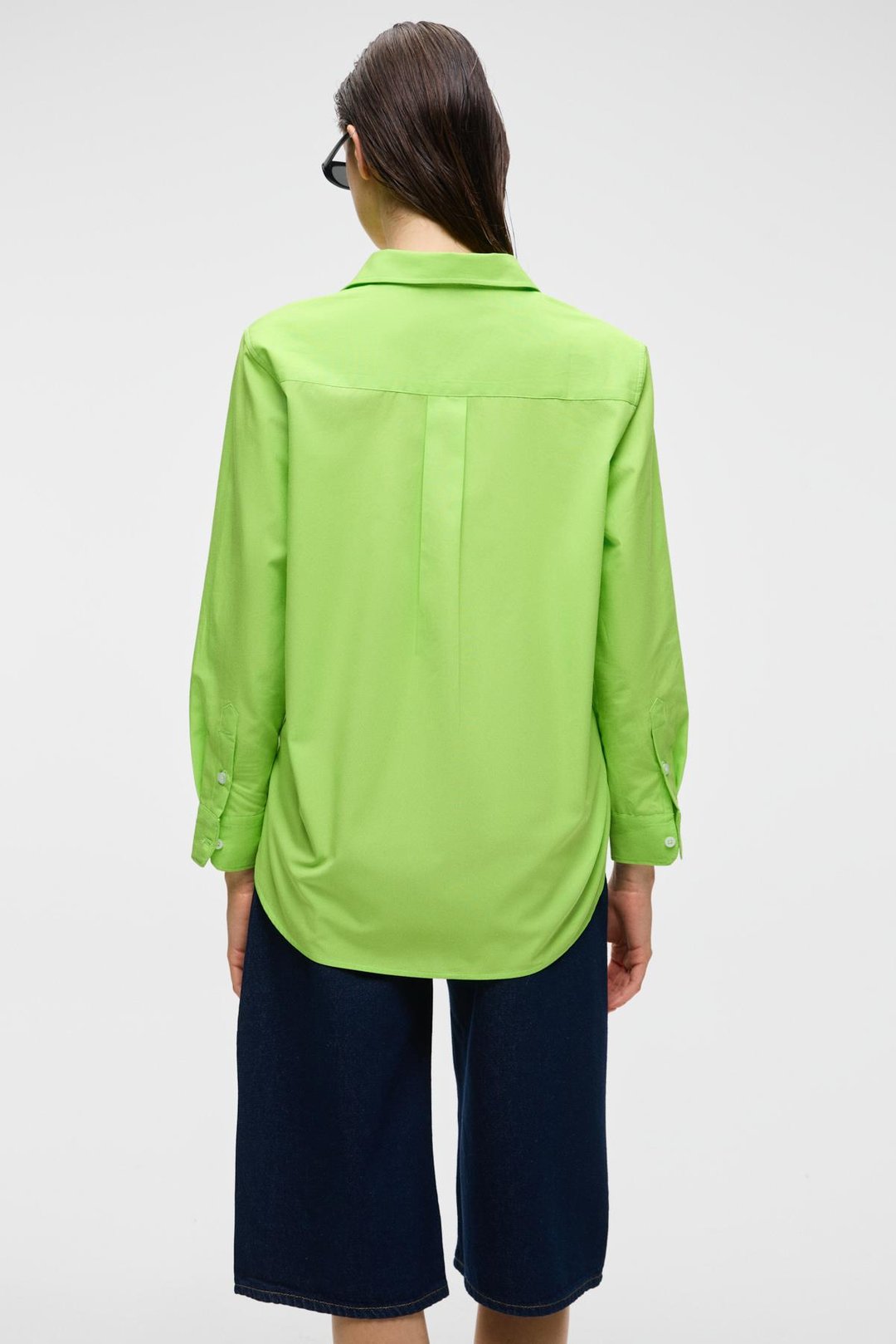 DELFINO Kadın Oversize %100 Organik Pamuk Uzun Kollu İnce Uzun Fıstık Yeşili Gömlek