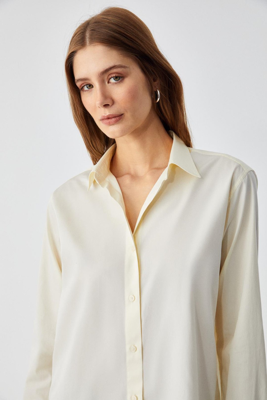 DELFINO Kadın Oversize %100 Organik Pamuk Uzun Kollu İnce Uzun Sarı Gömlek