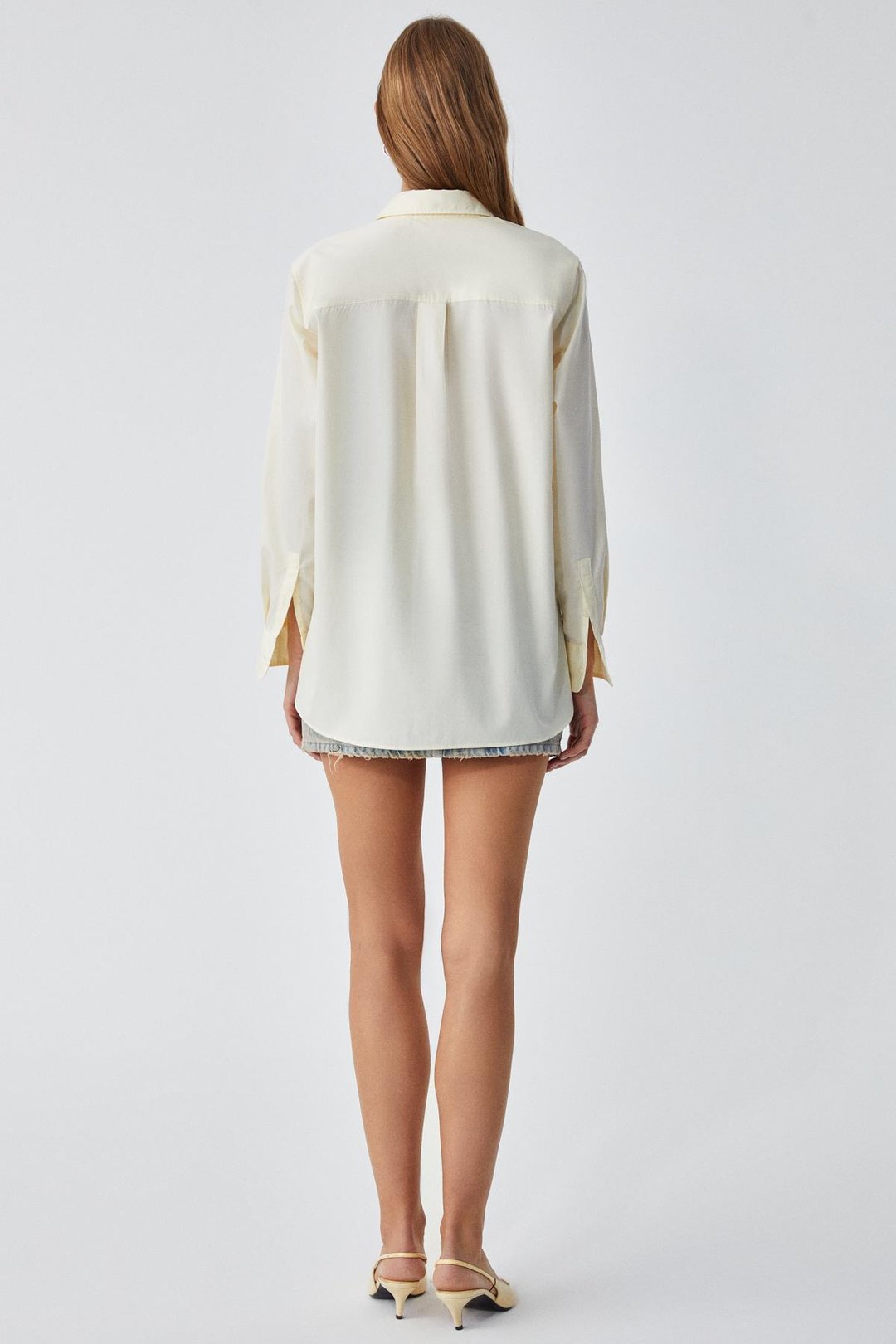 DELFINO Kadın Oversize %100 Organik Pamuk Uzun Kollu İnce Uzun Sarı Gömlek