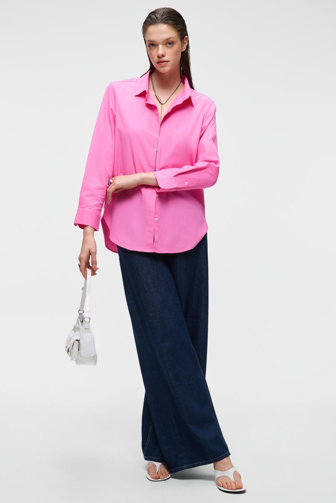 DELFINO Kadın Oversize %100 Organik Pamuk Uzun Kollu İnce Uzun Pembe Gömlek