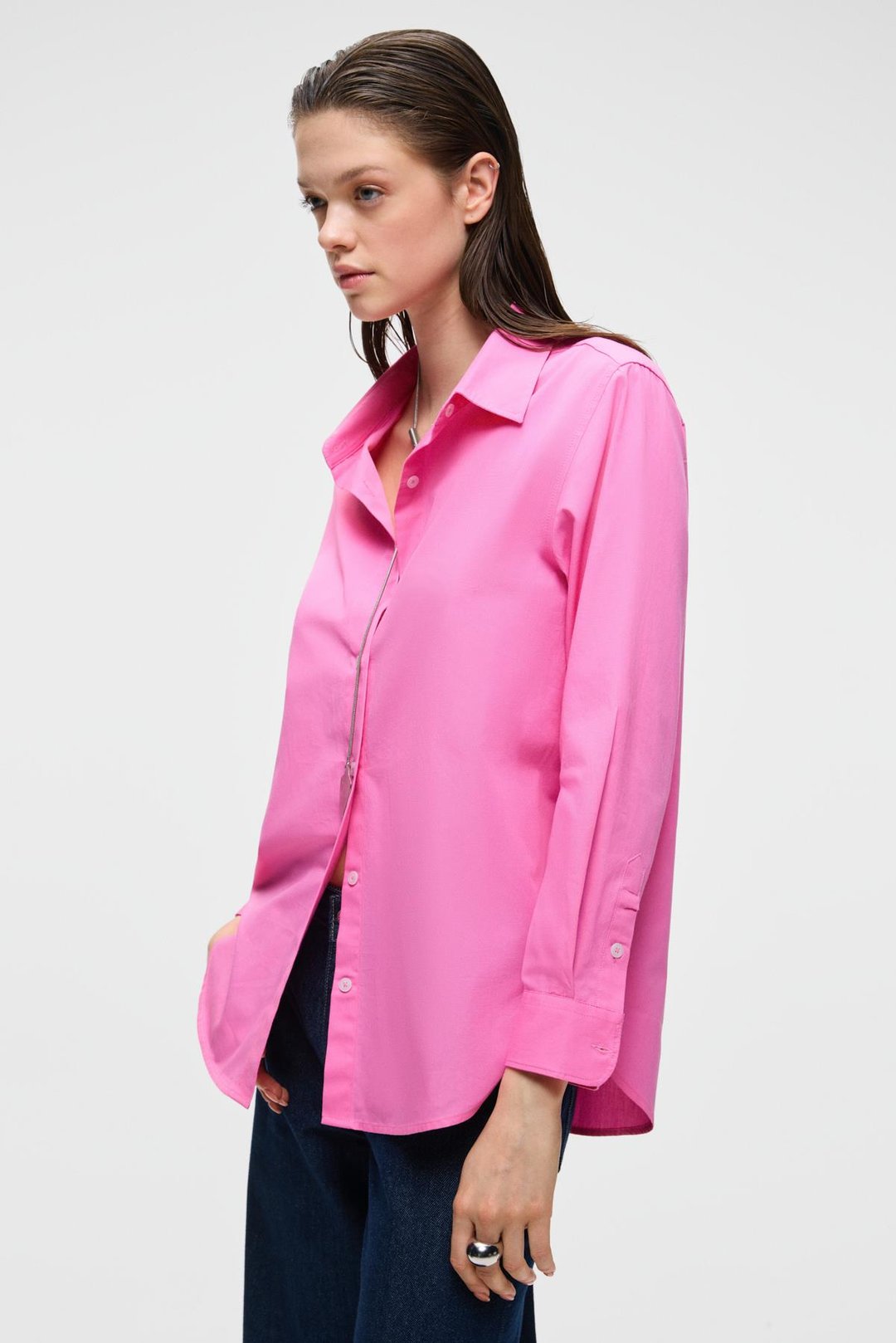 DELFINO Kadın Oversize %100 Organik Pamuk Uzun Kollu İnce Uzun Pembe Gömlek