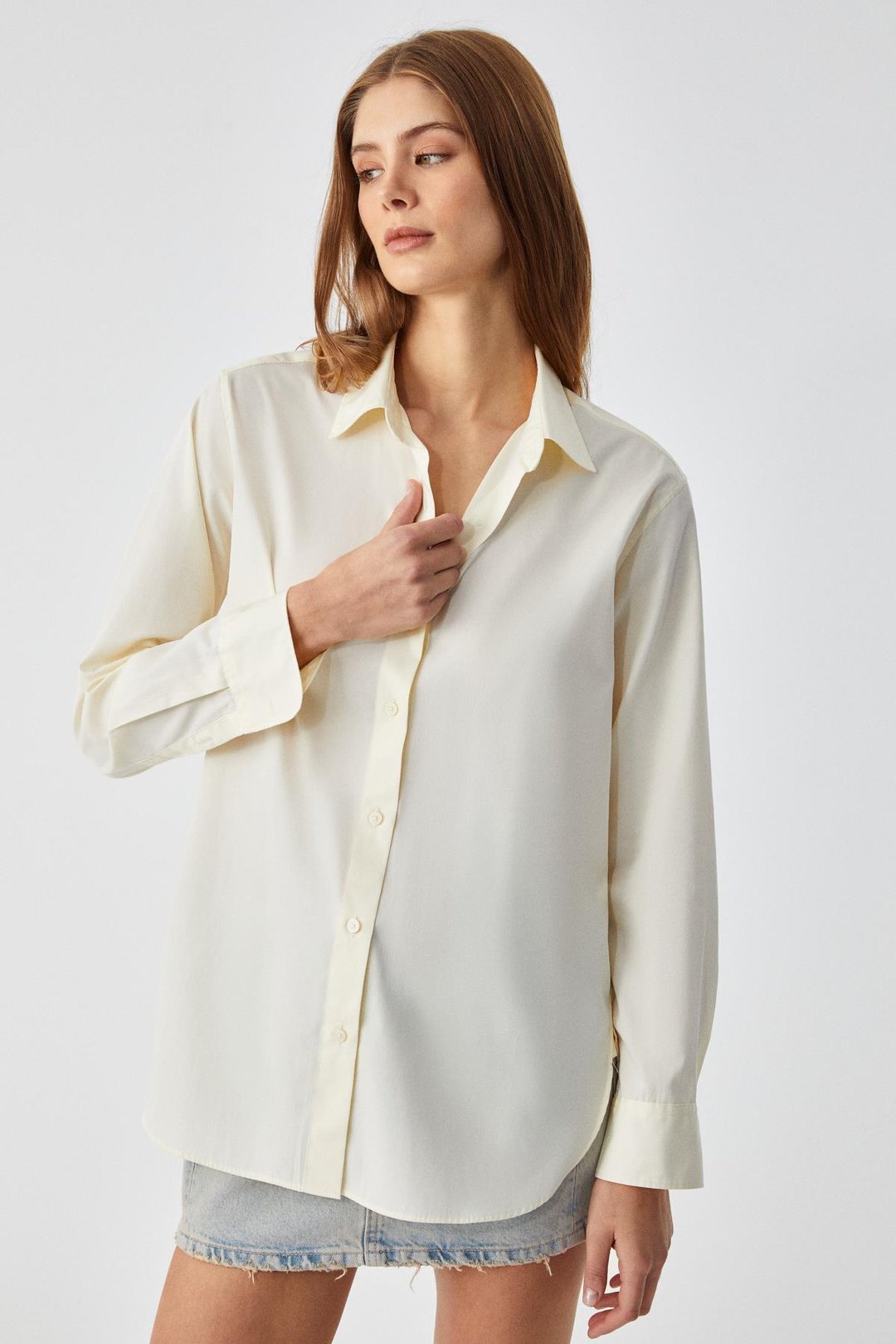 DELFINO Kadın Oversize %100 Organik Pamuk Uzun Kollu İnce Uzun Sarı Gömlek