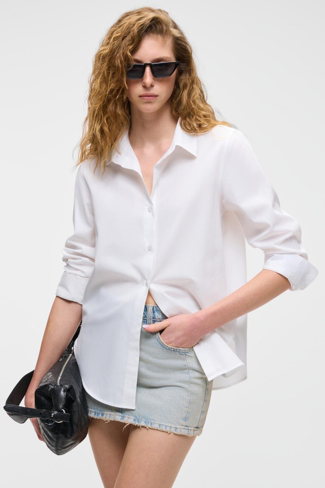 DELFINO Kadın Oversize %100 Organik Pamuk Uzun Kollu İnce Uzun Beyaz Gömlek