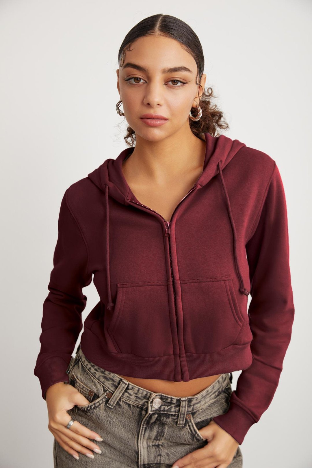 Delıa Kadın Crop İçi Polarlı Fermuarlı Organik Pamuklu Kapüsonlu Kordonlu Bordo Sweatshirt