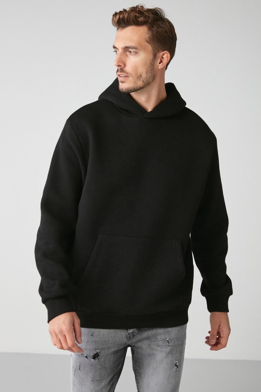 DRACO Erkek Yumuşacık Kumaşlı Örme 3 İplik Oversize Kapüşonlu Kanguru Cepli Siyah Sweatshirt
