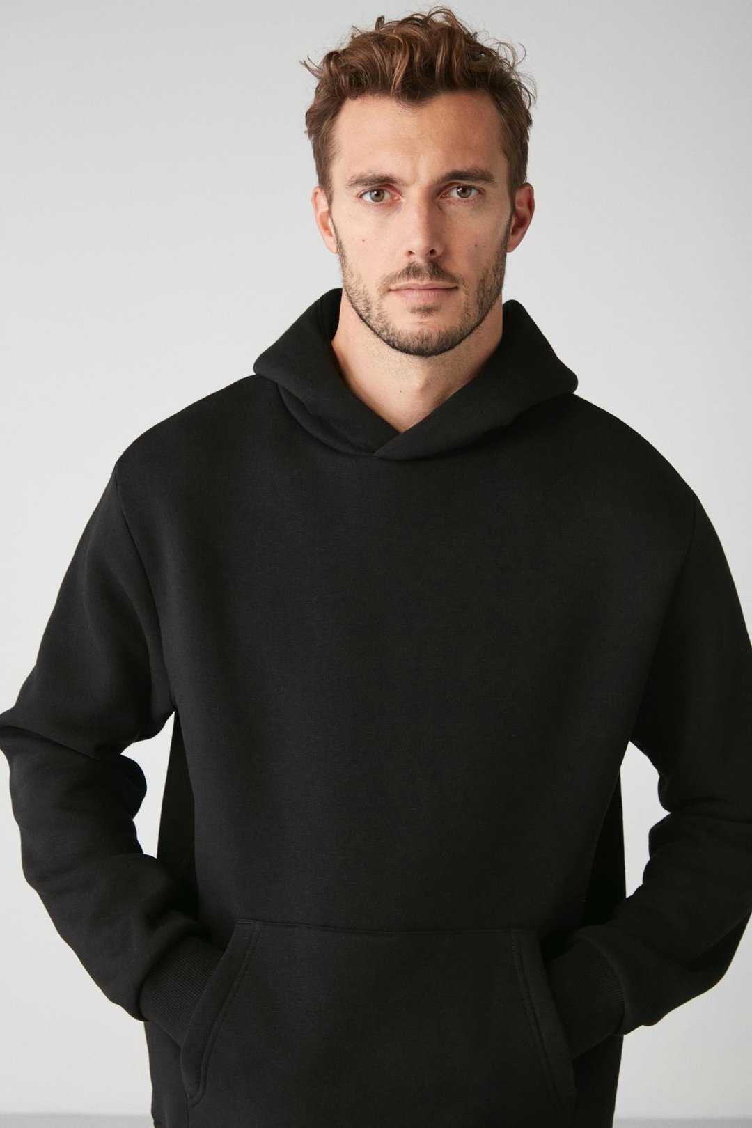 DRACO Erkek Yumuşacık Kumaşlı Örme 3 İplik Oversize Kapüşonlu Kanguru Cepli Siyah Sweatshirt