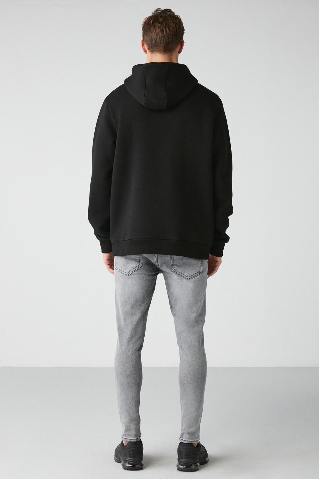 DRACO Erkek Yumuşacık Kumaşlı Örme 3 İplik Oversize Kapüşonlu Kanguru Cepli Siyah Sweatshirt