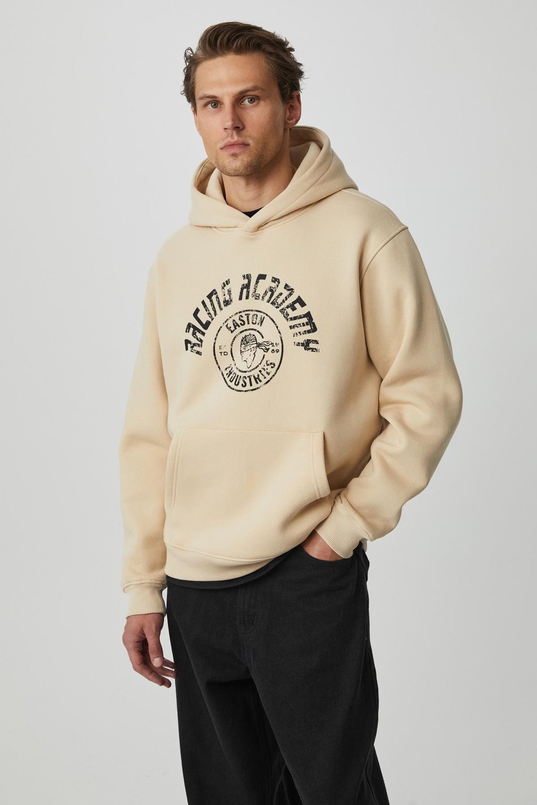 EDGAR Erkek %75 Pamuk %25 Polyester Yumuşacık Kapüşonlu Oversize Bej Sweatshirt