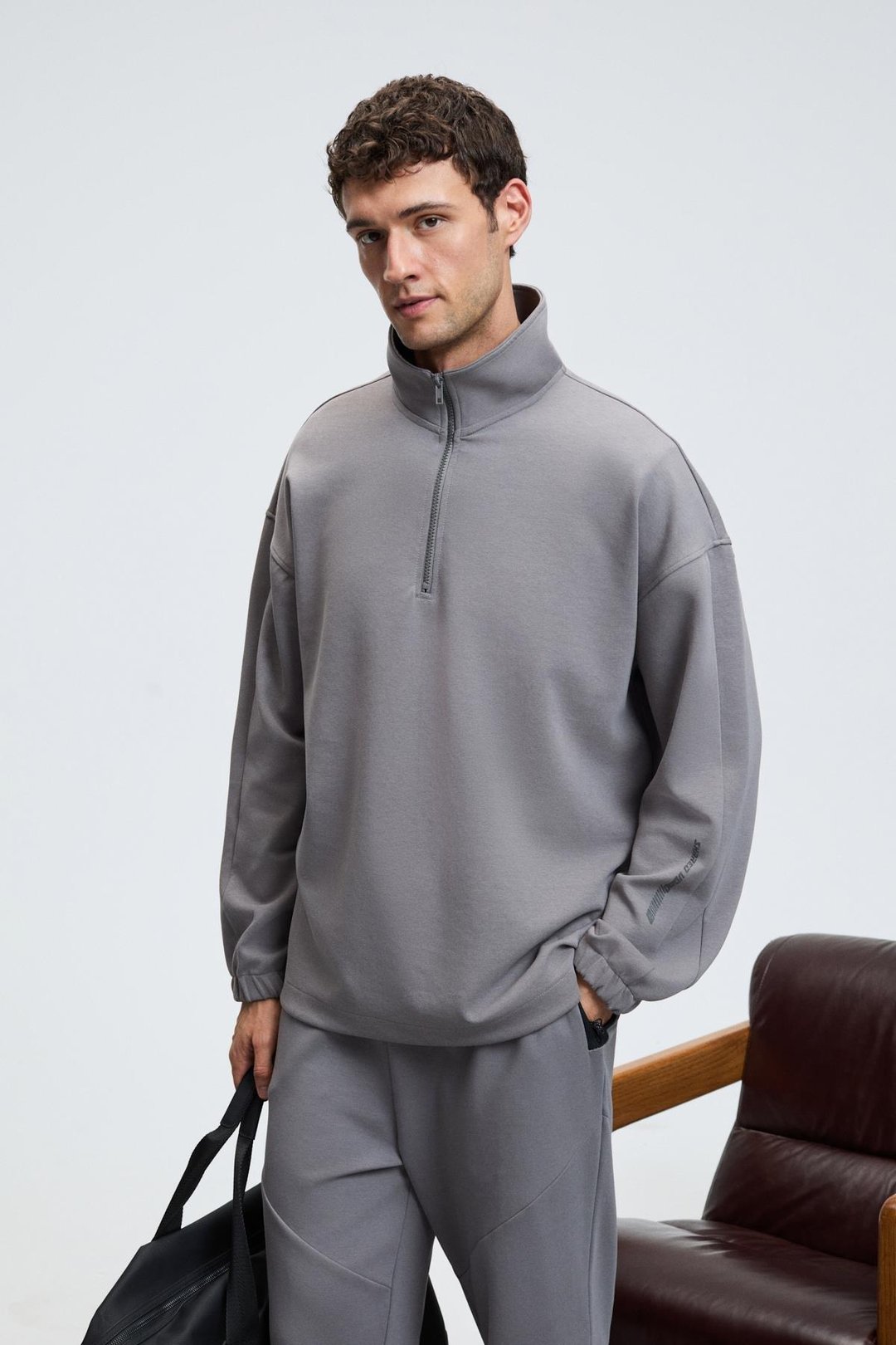 EDISON Erkek Yarım Fermuarlı Kolu Baskılı Dik Yaka Koyu Gri Sweatshirt