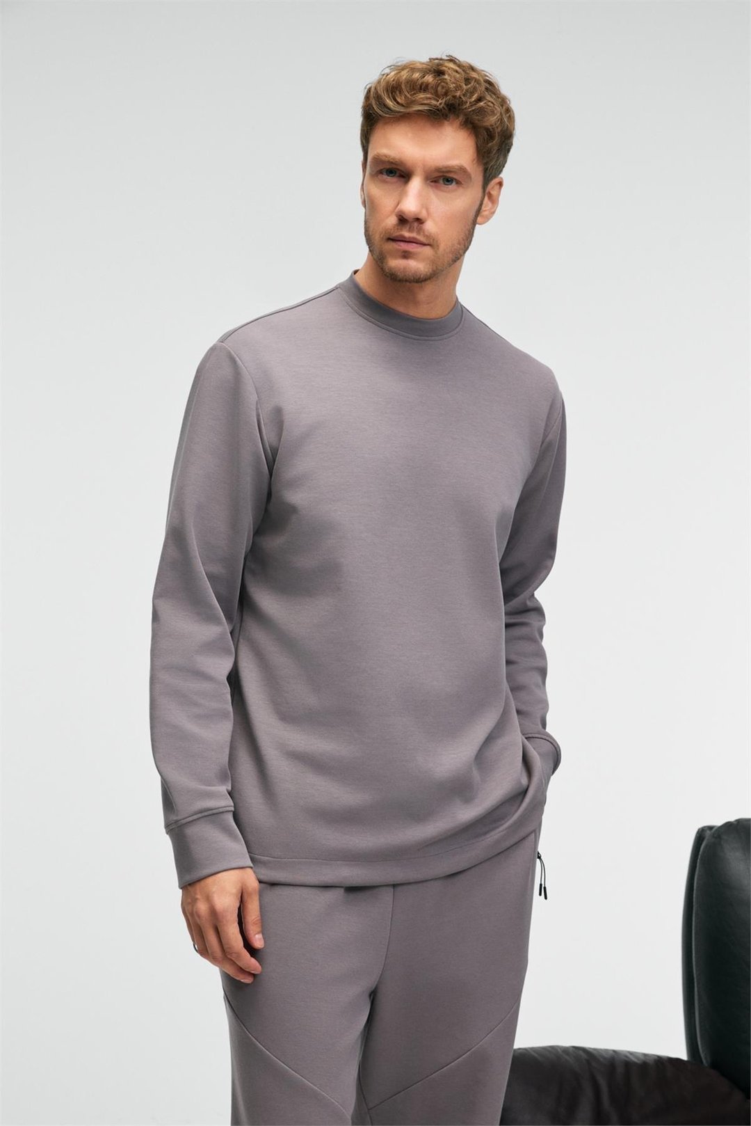 EDMUND Erkek Kolu Baskılı Eteği Lastik ve Stoperli Bisiklet Yaka Koyu Gri Sweatshirt