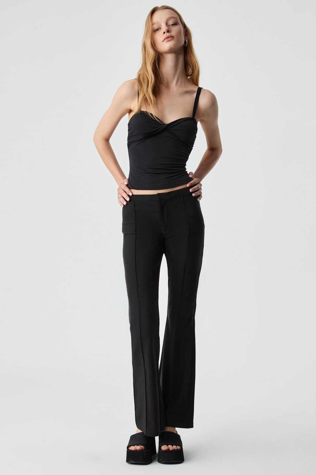EFILIUS Kadın Slim Geniş Paça Fermuarlı Siyah Pantolon