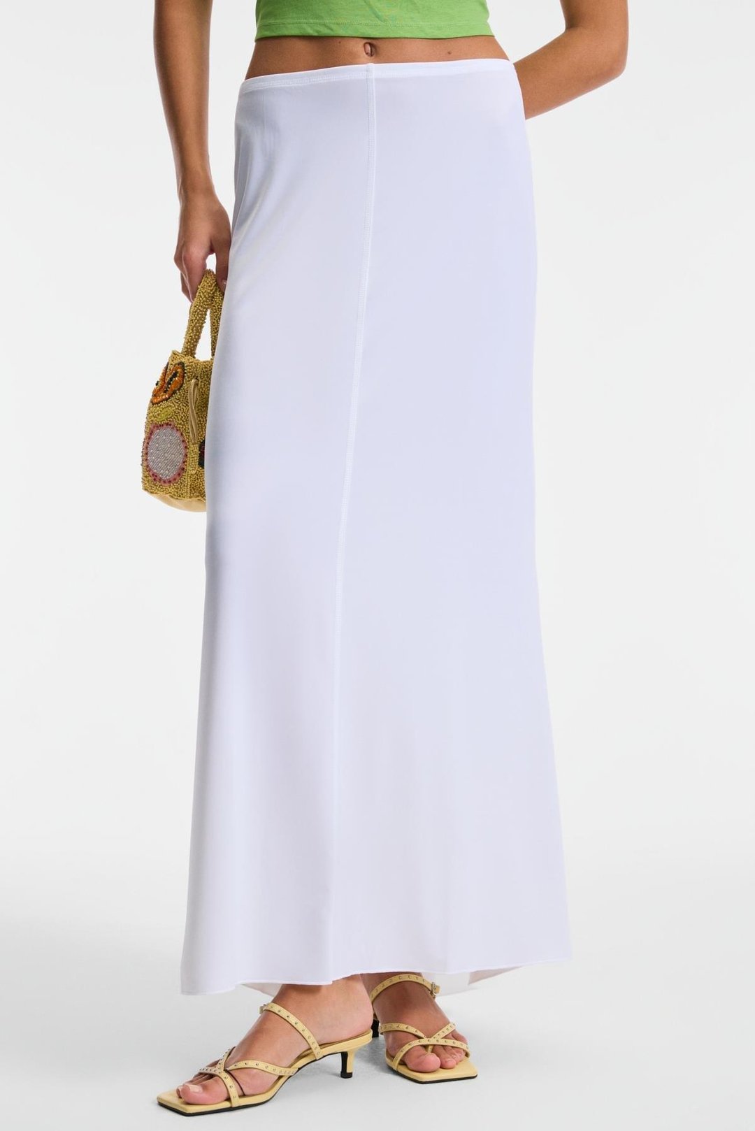 ELANOVA Kadın Beli Lastikli Ön ve Arka Dikişli Maxi Boy Beyaz Etek