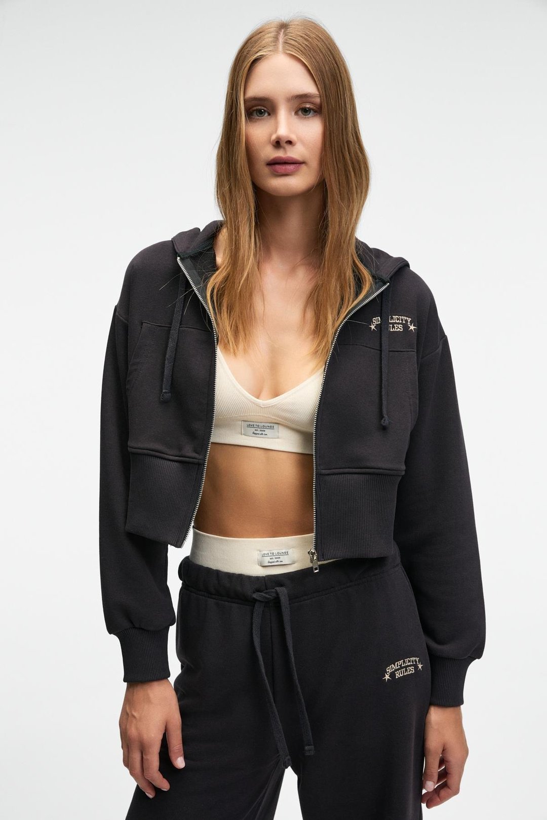 ELARA Kadın Metal Fermuarlı Nakışlı Kapüşonlu Crop Antrasit Sweatshirt