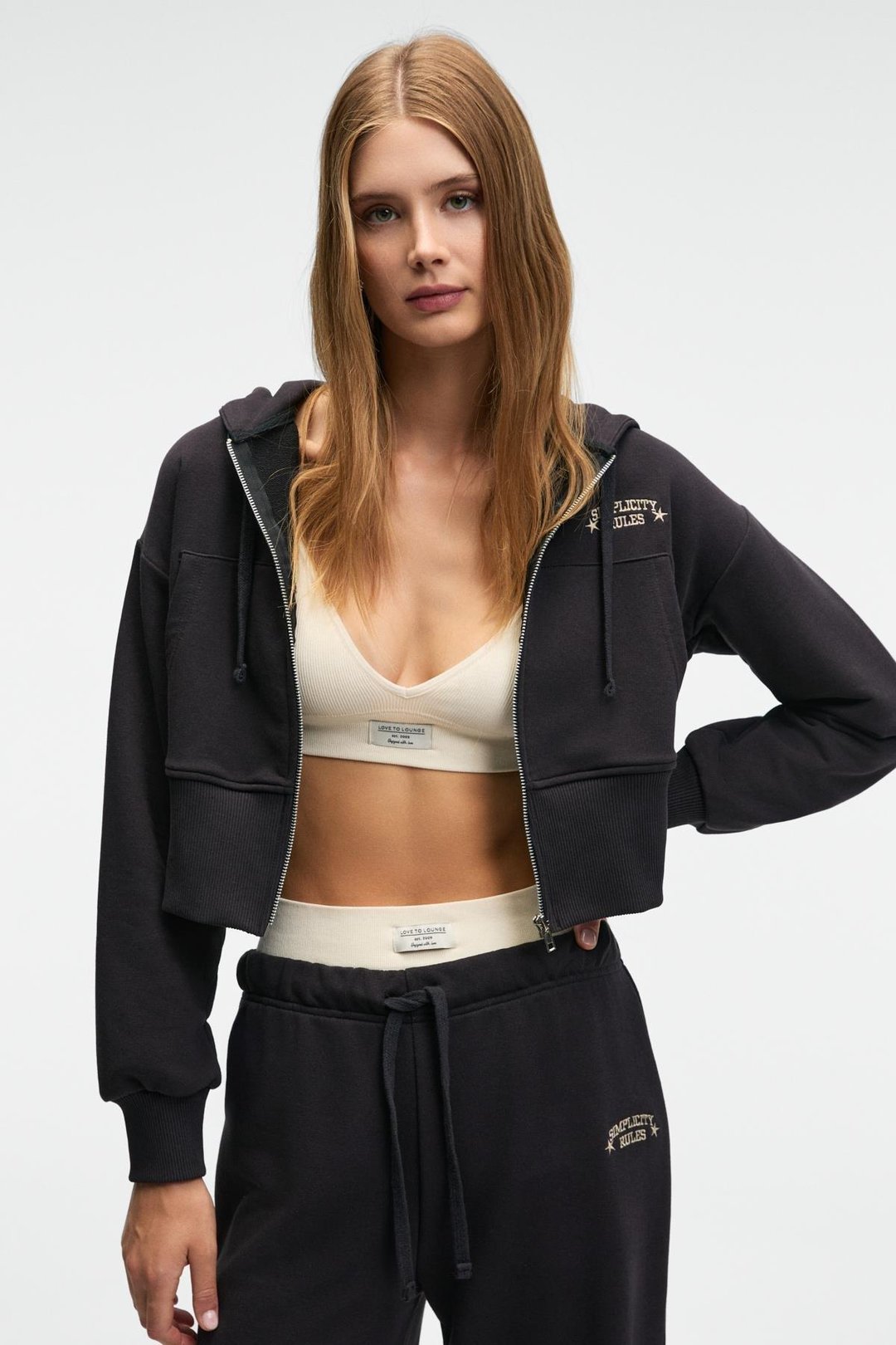 ELARA Kadın Metal Fermuarlı Nakışlı Kapüşonlu Crop Antrasit Sweatshirt