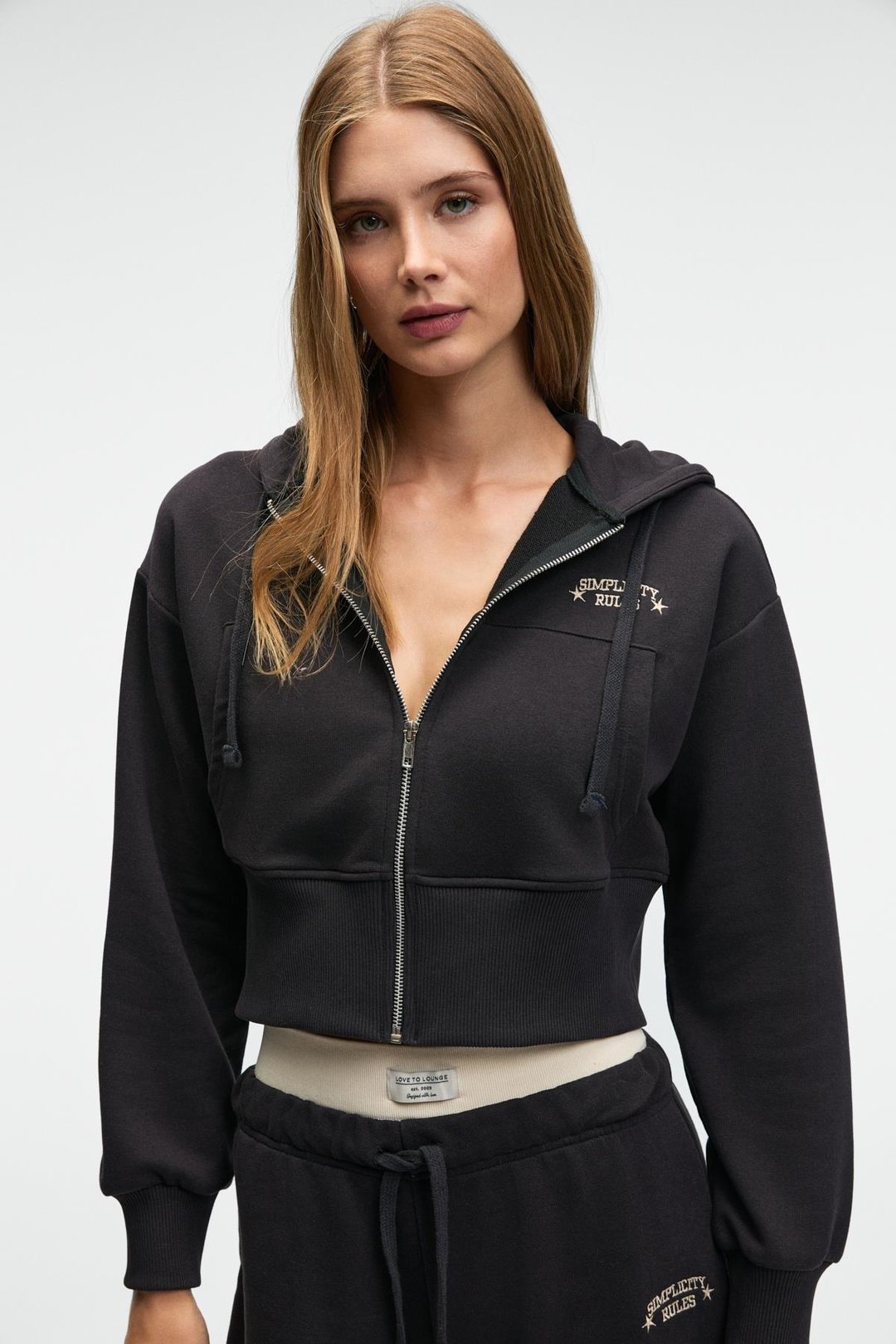 ELARA Kadın Metal Fermuarlı Nakışlı Kapüşonlu Crop Antrasit Sweatshirt