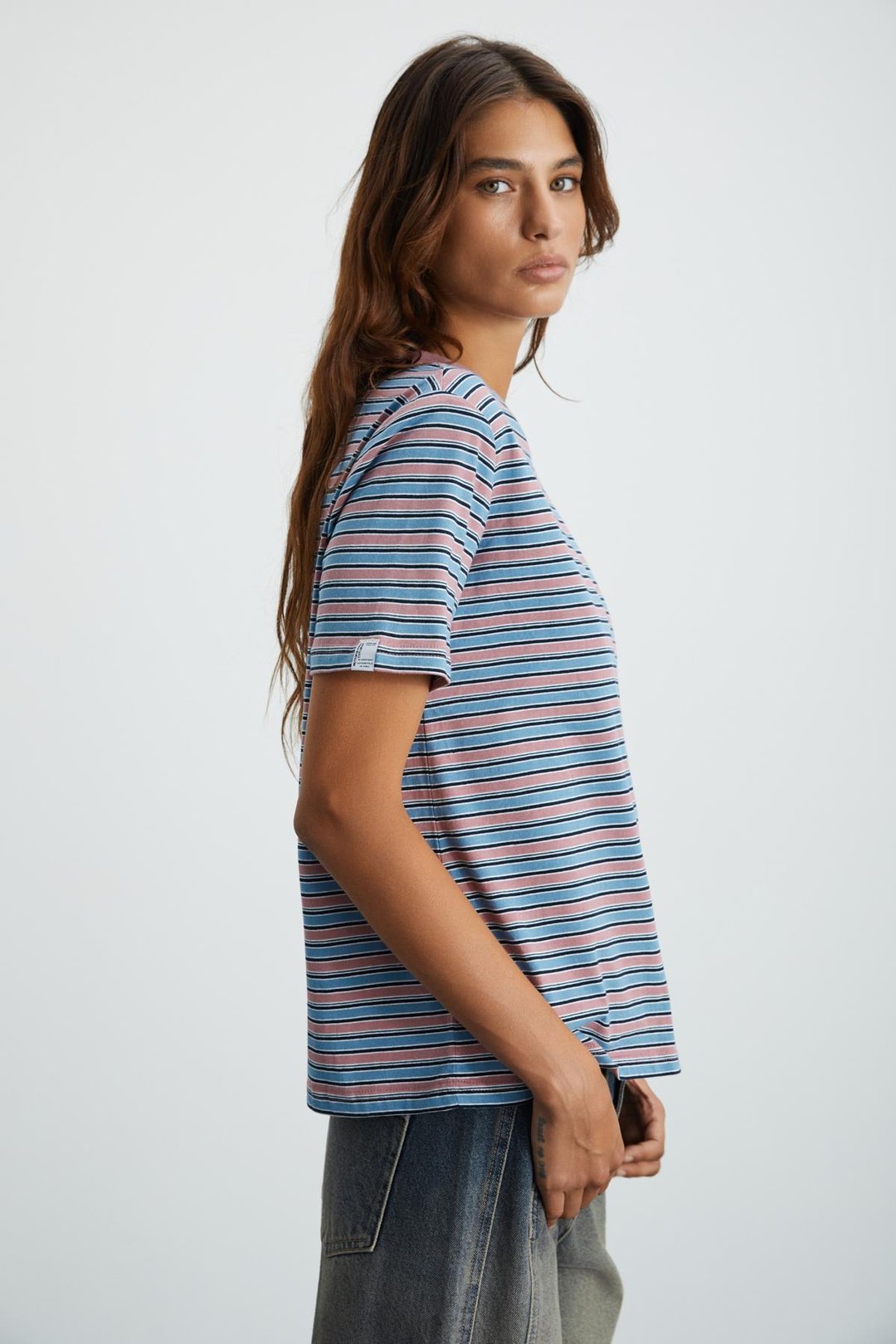 ELERA Kadın %100 Pamuk Çizgili Yuvarlak Yaka Mavi - Desenli T-Shirt