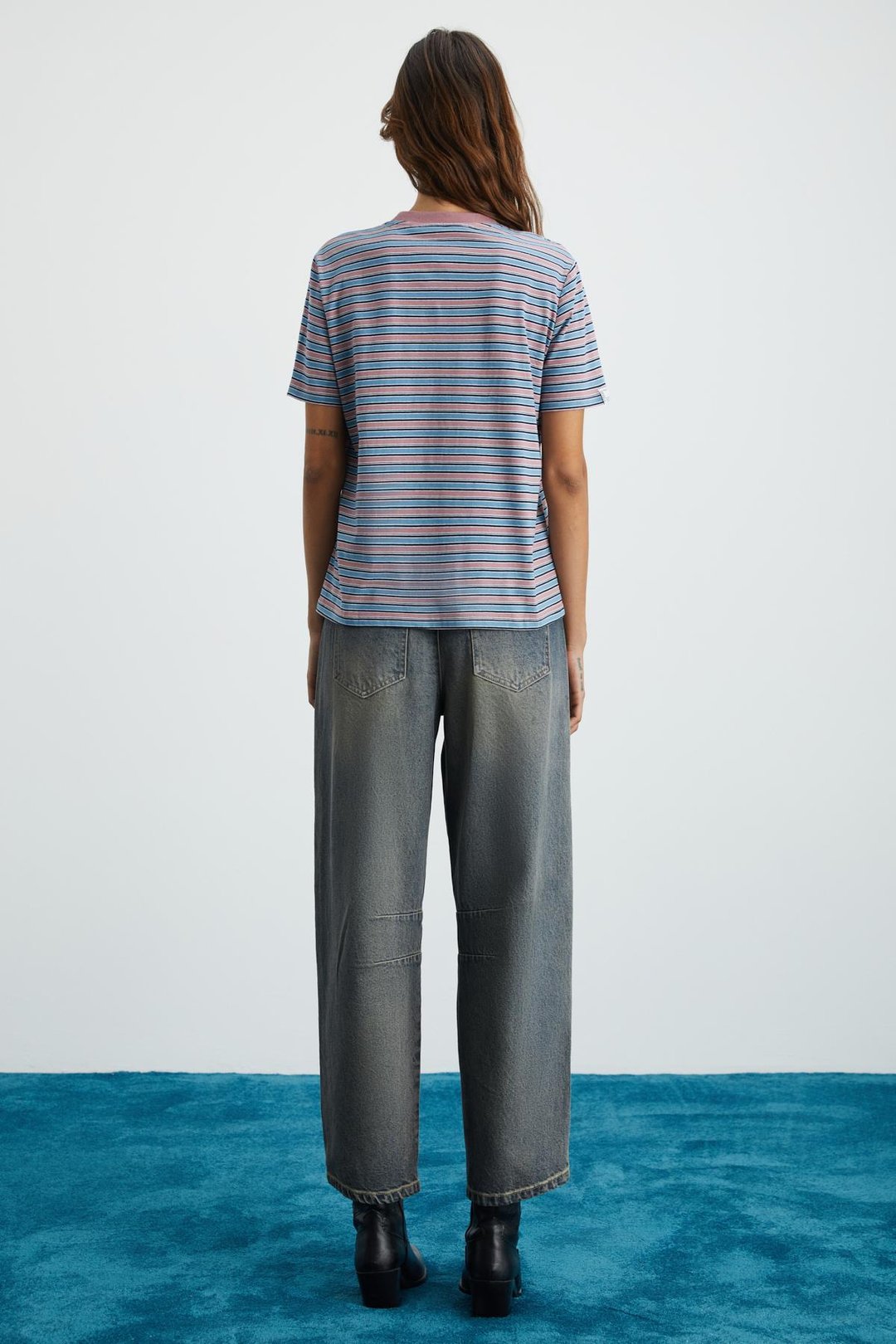 ELERA Kadın %100 Pamuk Çizgili Yuvarlak Yaka Mavi - Desenli T-Shirt