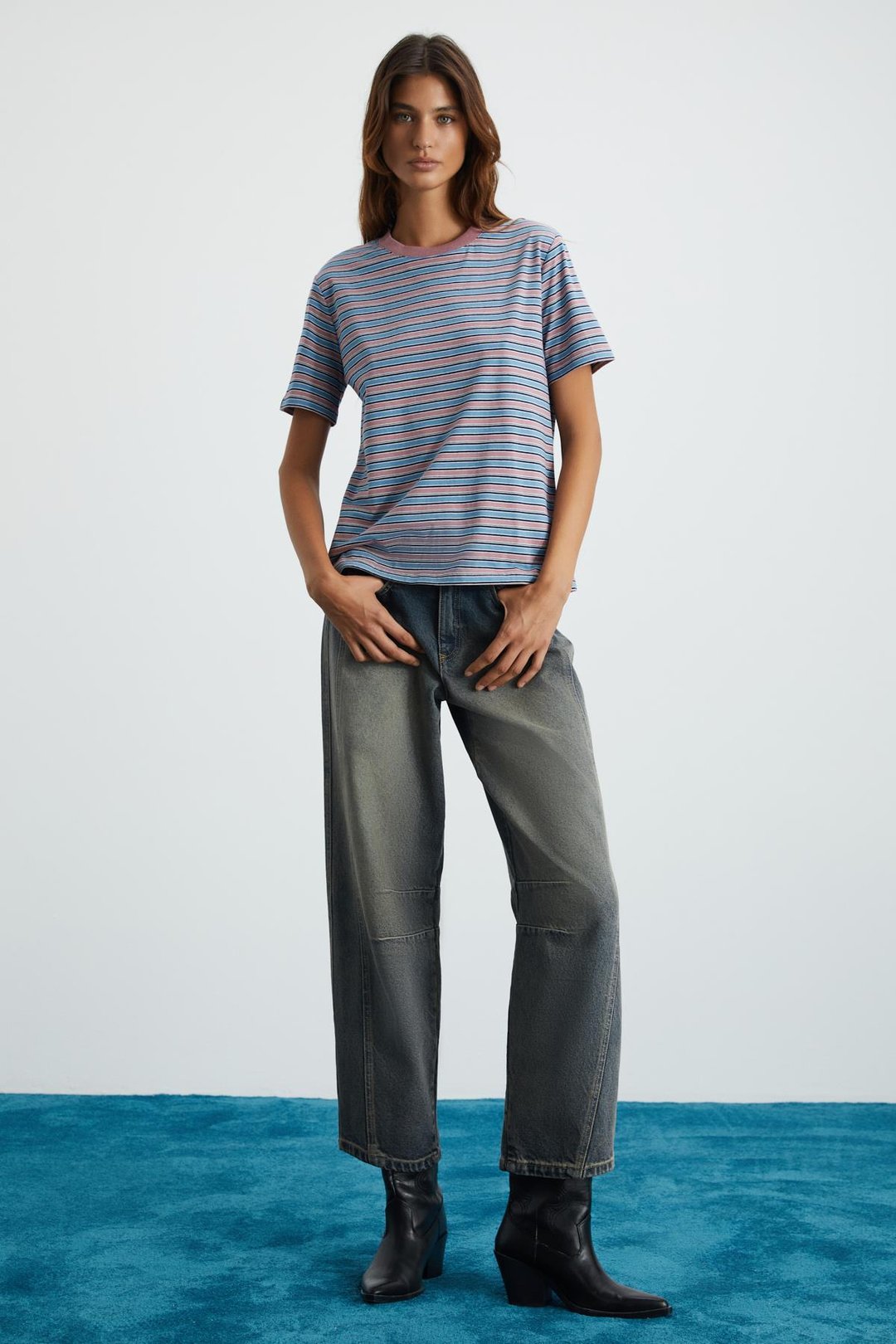 ELERA Kadın %100 Pamuk Çizgili Yuvarlak Yaka Mavi - Desenli T-Shirt