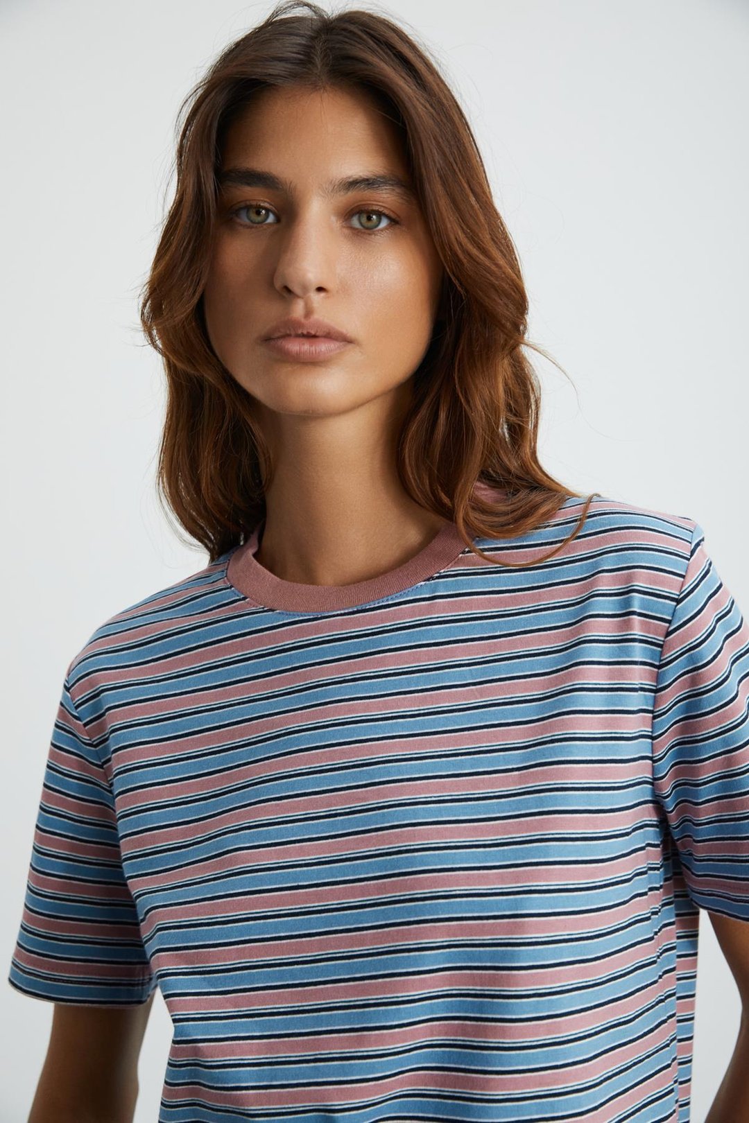 ELERA Kadın %100 Pamuk Çizgili Yuvarlak Yaka Mavi - Desenli T-Shirt