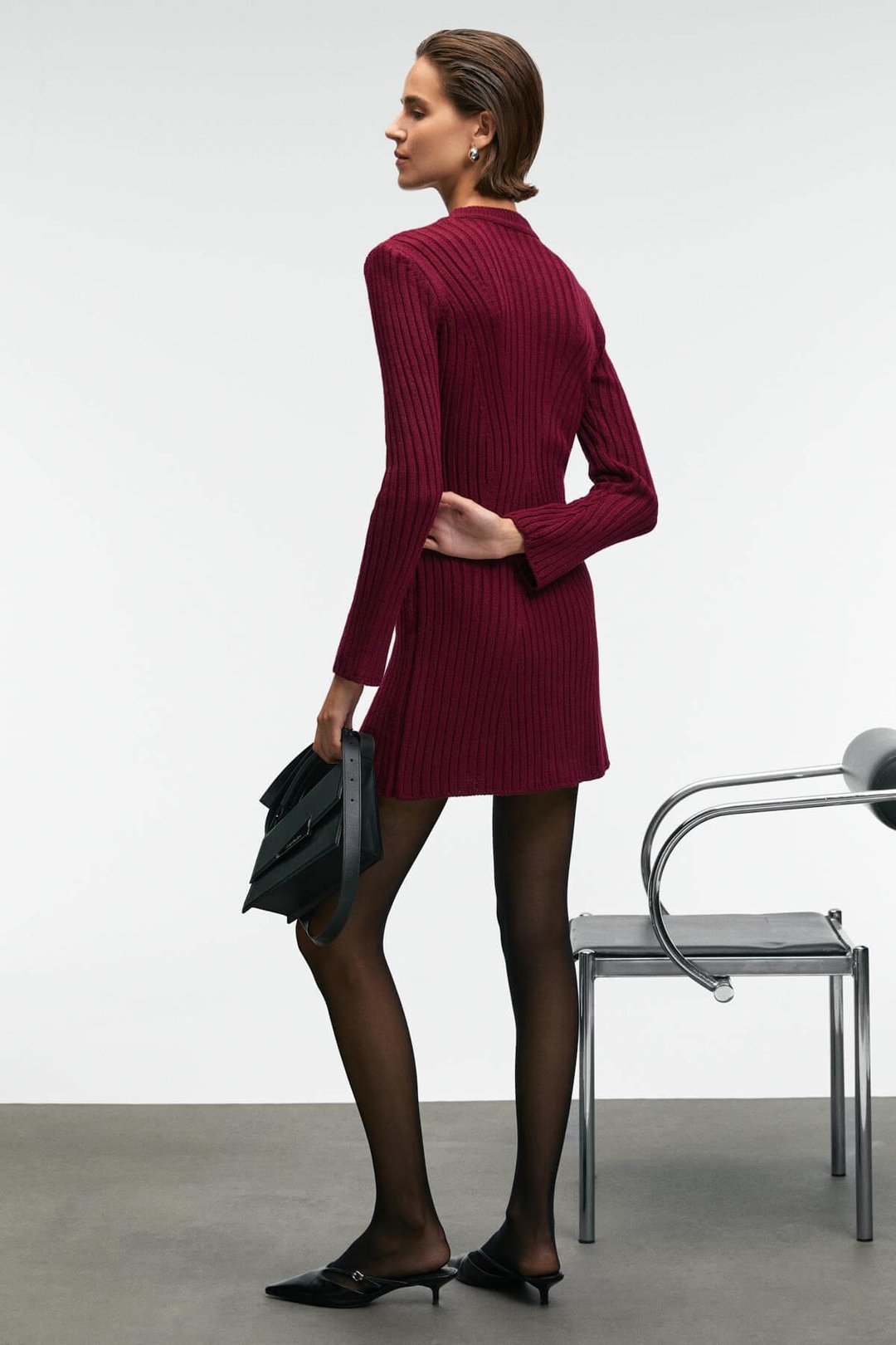 ENCANTO Kadın Yuvarlak Yaka Çizgi Desenli Slim Fit Bordo Elbise