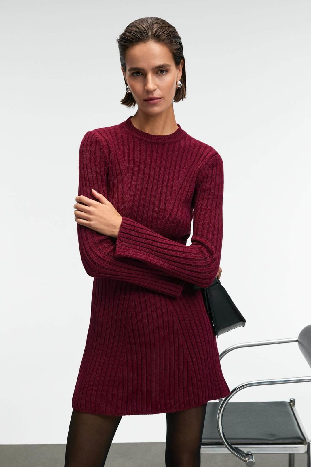 ENCANTO Kadın Yuvarlak Yaka Çizgi Desenli Slim Fit Bordo Elbise