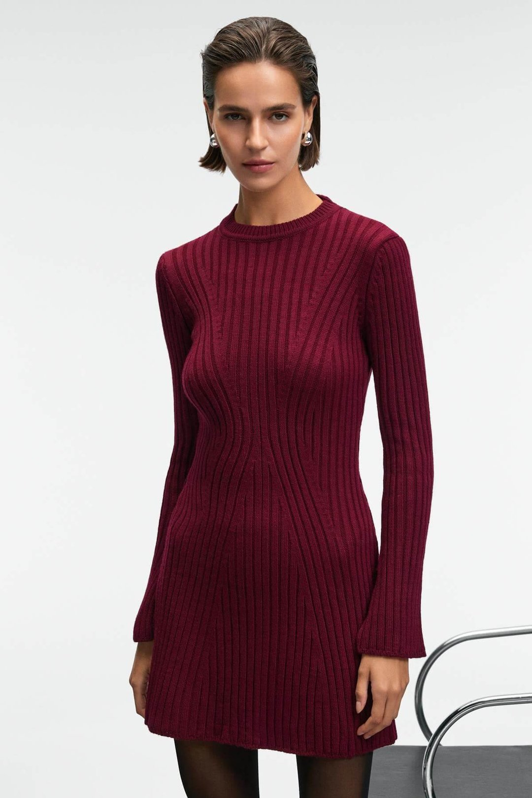 ENCANTO Kadın Yuvarlak Yaka Çizgi Desenli Slim Fit Bordo Elbise