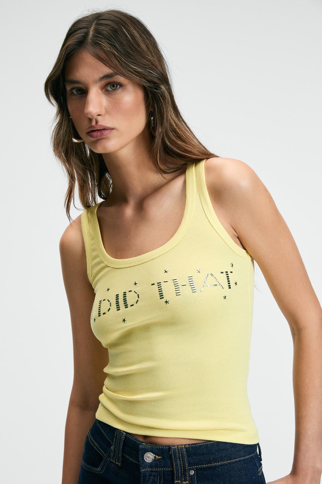 ENNIS Kadın Bisiklet Yaka Kalın Askılı Önü Taş Detaylı Vücudu Saran Esnek Sarı Atlet