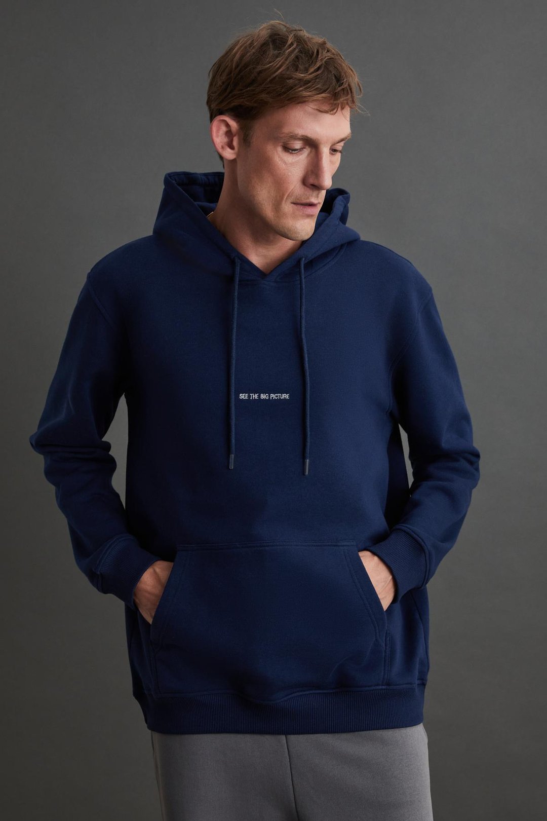 EPIC Erkek Yumusaçık Kumaşlı Nakış Detaylı Kapüşonlu Kordonlu Regular Lacivert Sweatshirt