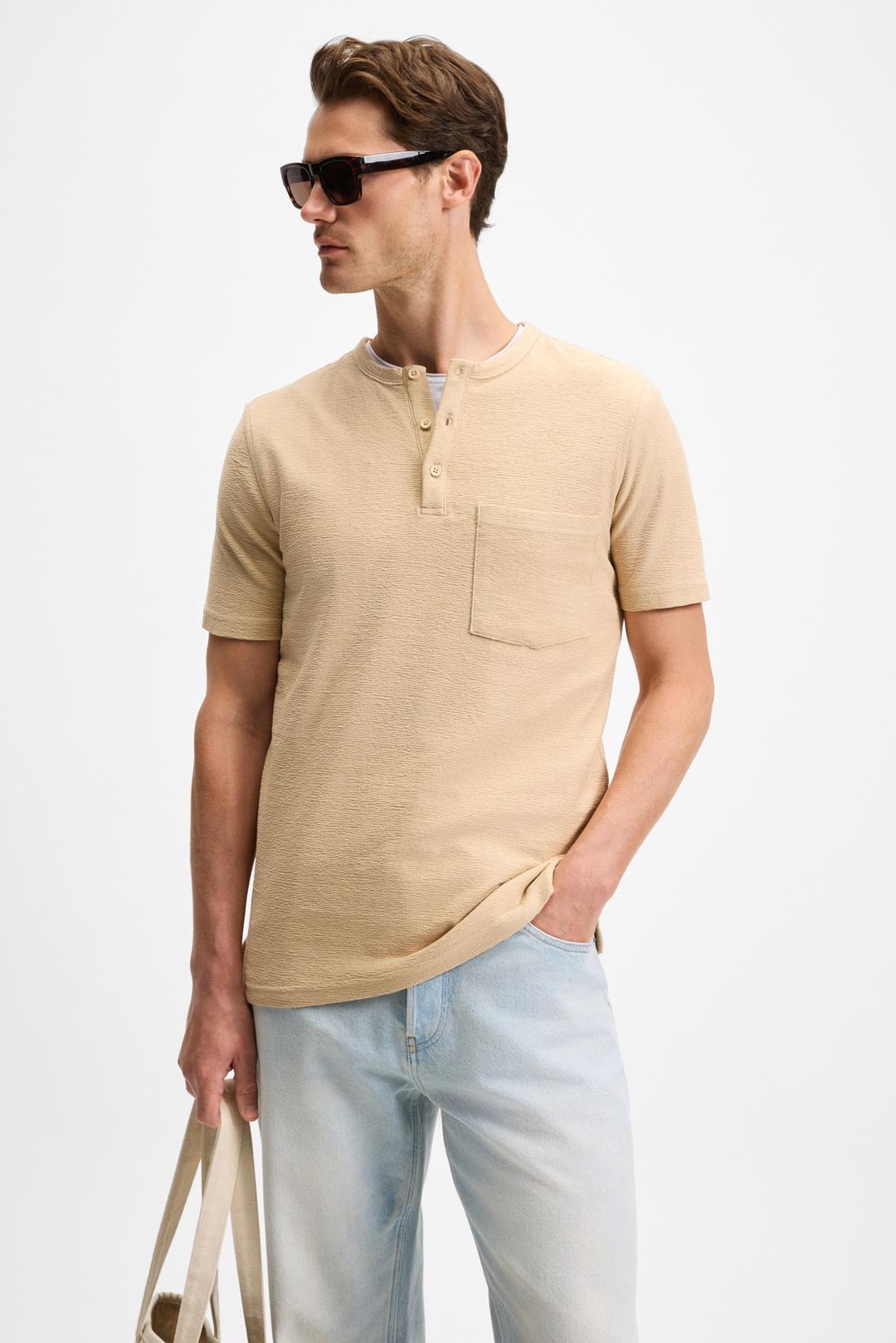 ERMAC Erkek Hakim Yaka Düğmeli Kısa Kol Bej T-Shirt