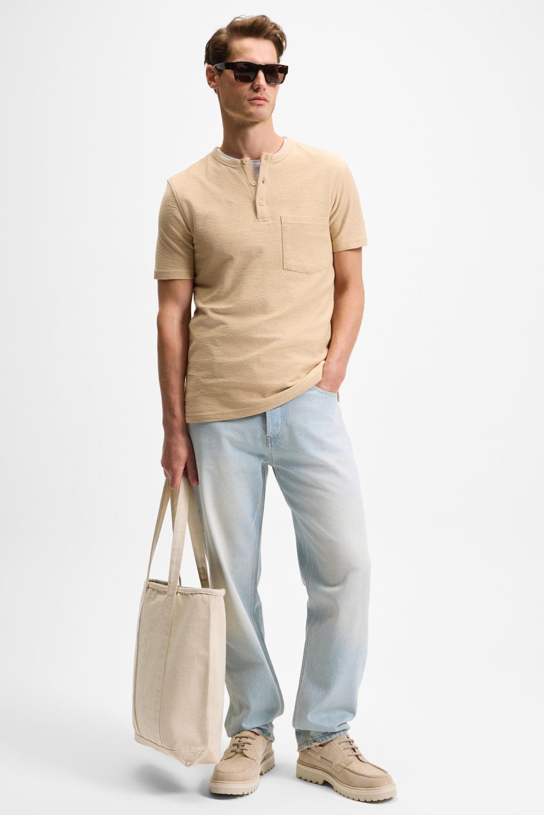 ERMAC Erkek Hakim Yaka Düğmeli Kısa Kol Bej T-Shirt