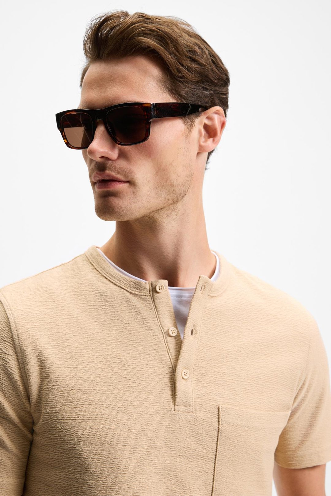 ERMAC Erkek Hakim Yaka Düğmeli Kısa Kol Bej T-Shirt