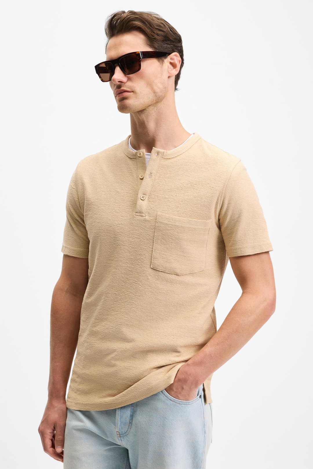 ERMAC Erkek Hakim Yaka Düğmeli Kısa Kol Bej T-Shirt