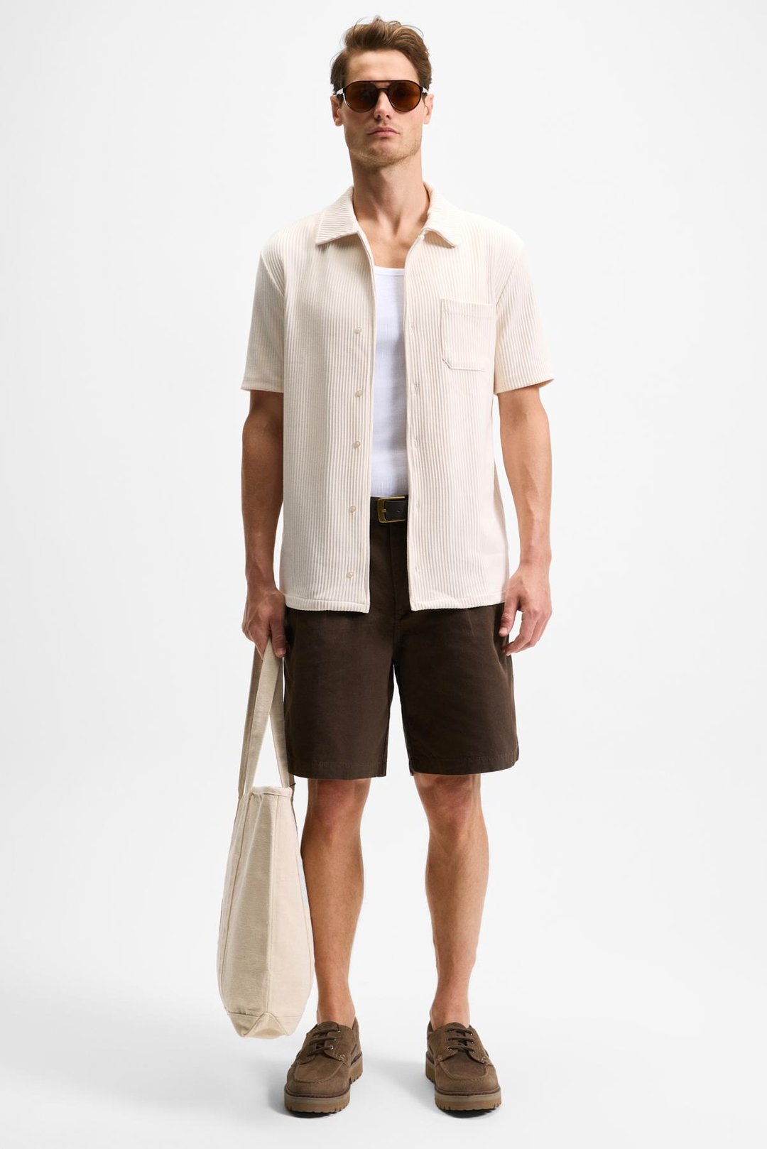 ERMANO Erkek Regular Fit Kısa Kollu Gömlek Yaka Düğmeli Krem Gömlek