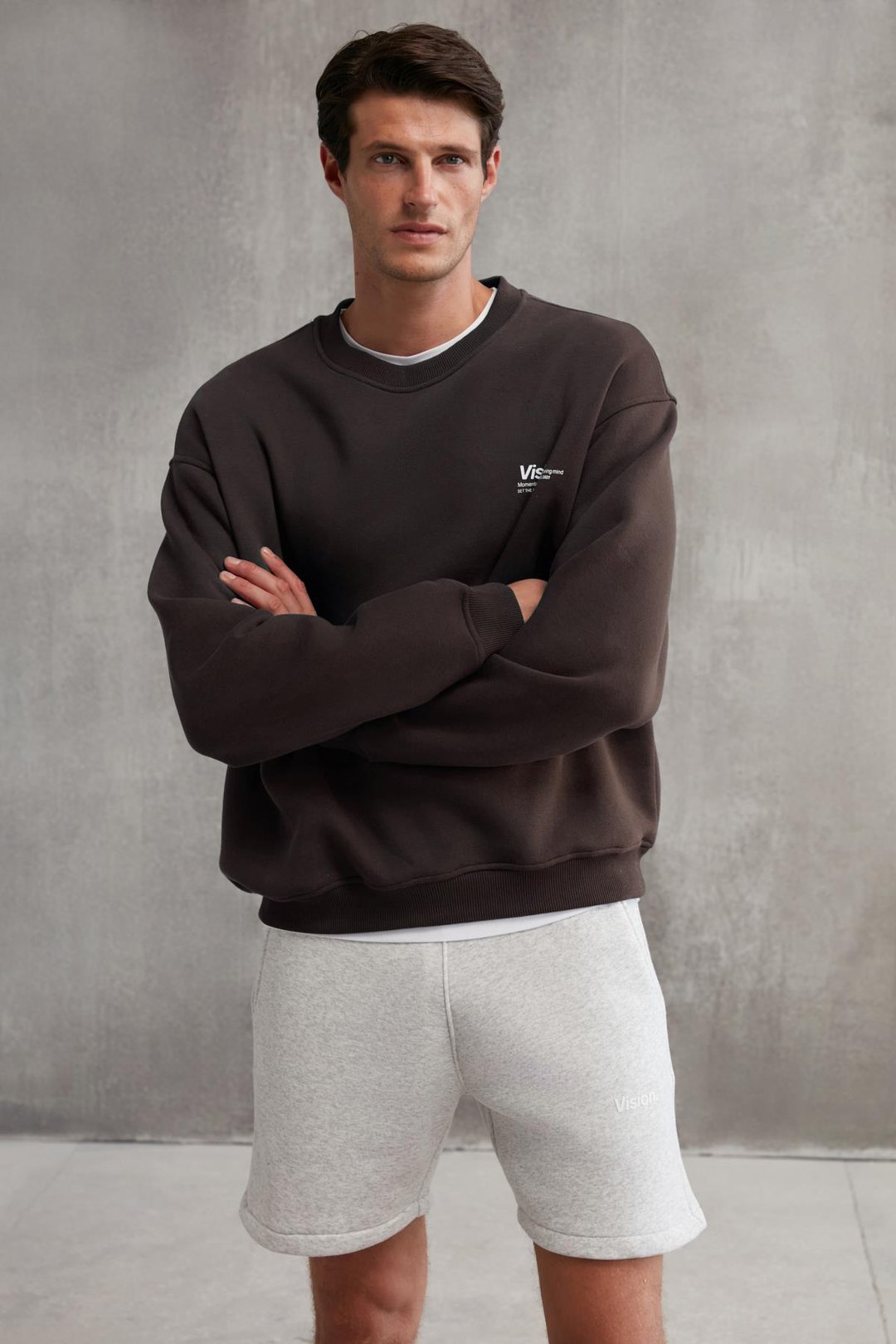 Ernest Erkek Organik Pamuklu Yumuşacık Baskı Detaylı Bisiklet Yaka İçi Polarlı Kahverengi Sweatshirt