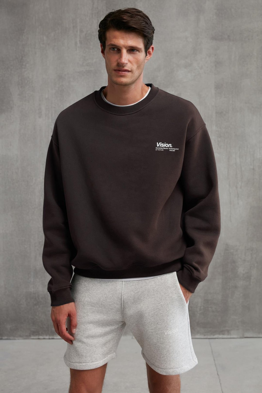 Ernest Erkek Organik Pamuklu Yumuşacık Baskı Detaylı Bisiklet Yaka İçi Polarlı Kahverengi Sweatshirt