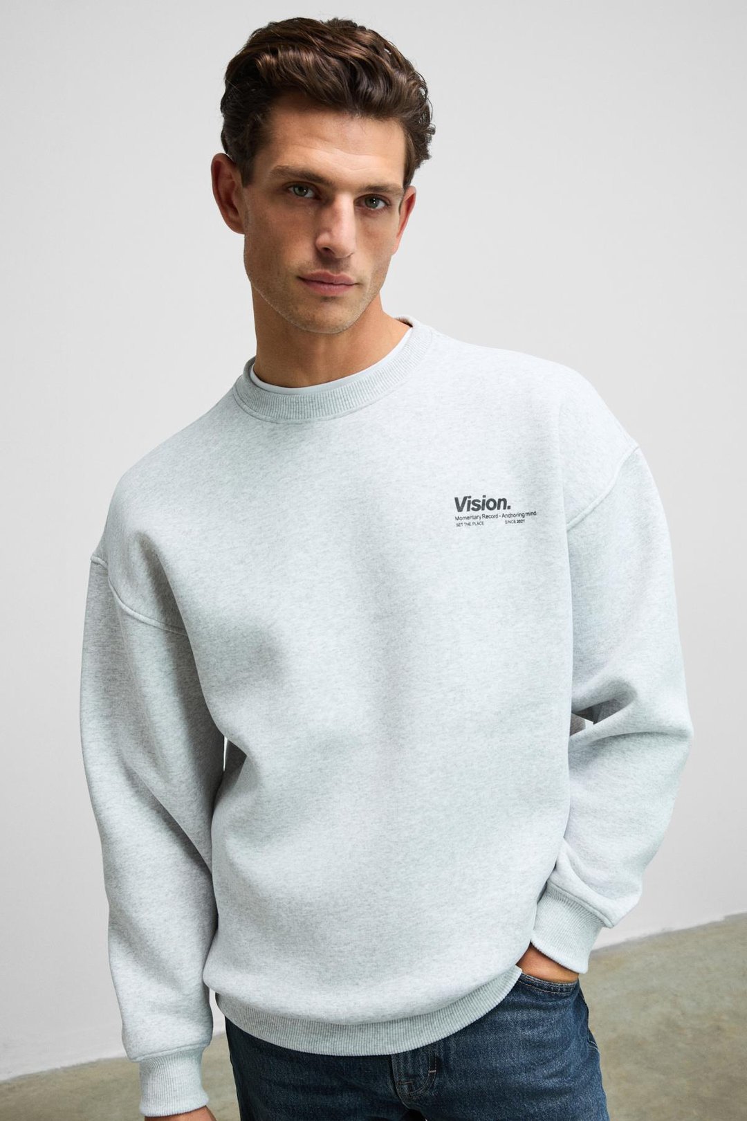 Ernest Erkek Organik Pamuklu Yumuşacık Baskı Detaylı Bisiklet Yaka İçi Polarlı Grimelanj Sweatshirt