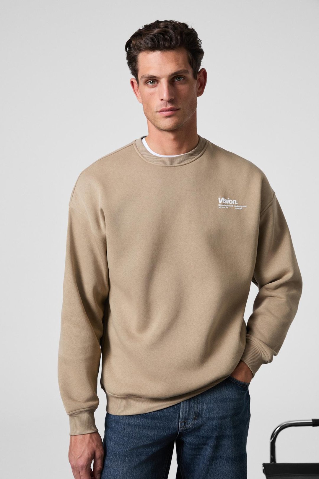 Ernest Erkek Organik Pamuklu Yumuşacık Baskı Detaylı Bisiklet Yaka İçi Polarlı Bej Sweatshirt