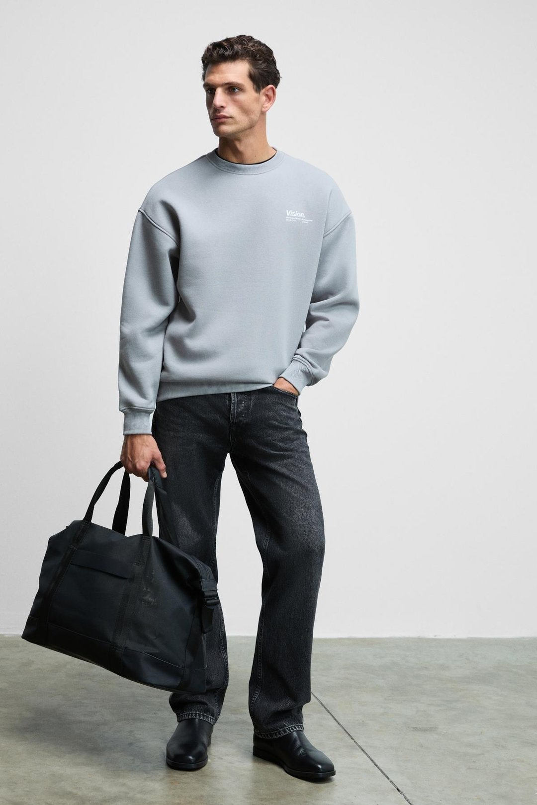 Ernest Erkek Organik Pamuklu Yumuşacık Baskı Detaylı Bisiklet Yaka İçi Polarlı Açık Gri Sweatshirt