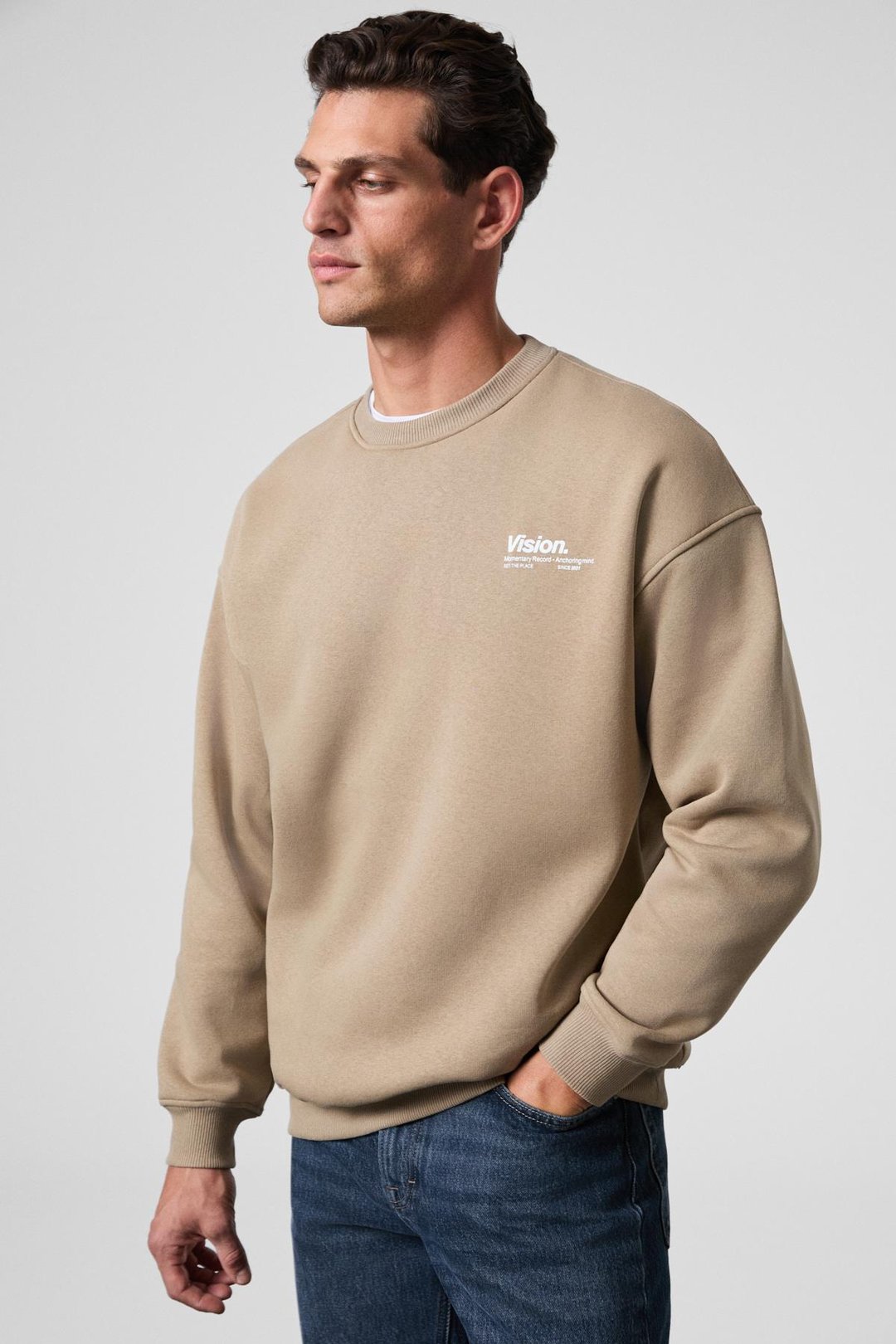 Ernest Erkek Organik Pamuklu Yumuşacık Baskı Detaylı Bisiklet Yaka İçi Polarlı Bej Sweatshirt