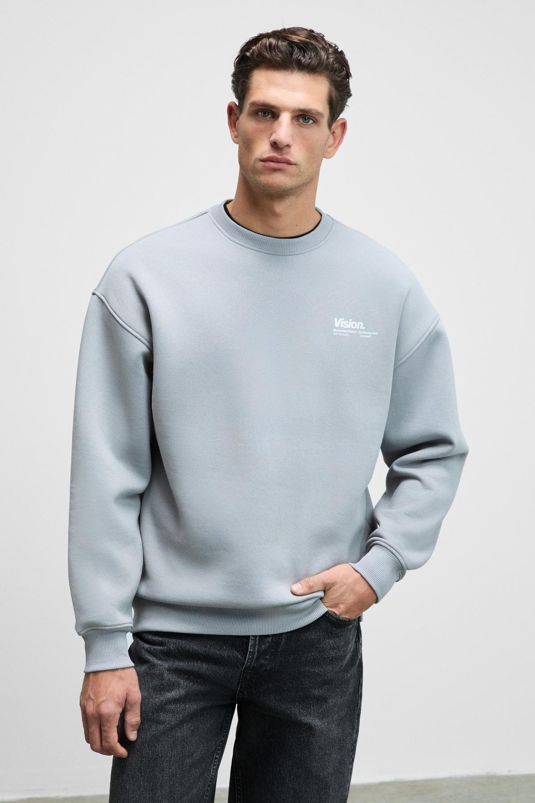 Ernest Erkek Organik Pamuklu Yumuşacık Baskı Detaylı Bisiklet Yaka İçi Polarlı Açık Gri Sweatshirt