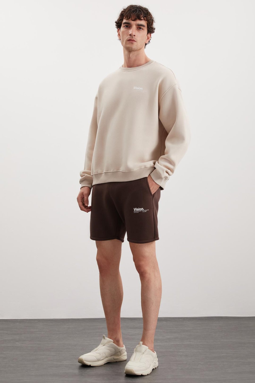 ERNEST Erkek Yumuşacık İçi Polarlı Baskı Detaylı Organik Pamuk Oversize Vizon Sweatshirt