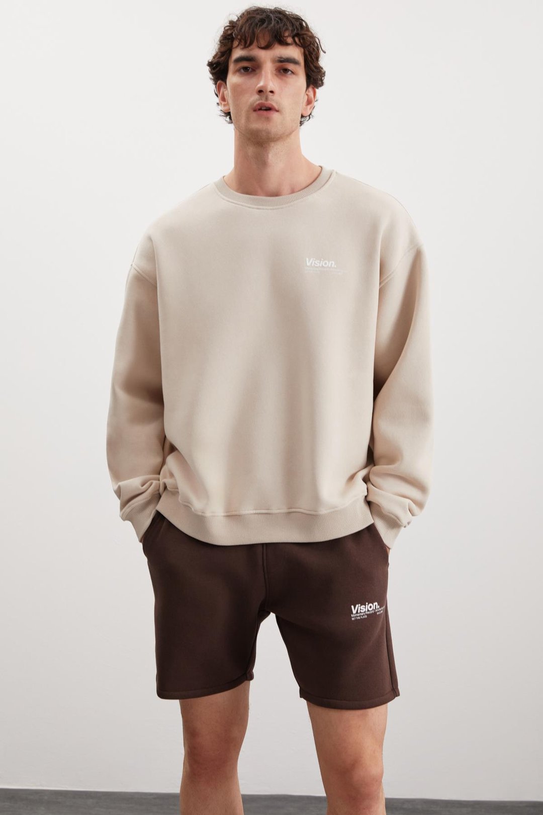 ERNEST Erkek Yumuşacık İçi Polarlı Baskı Detaylı Organik Pamuk Oversize Vizon Sweatshirt