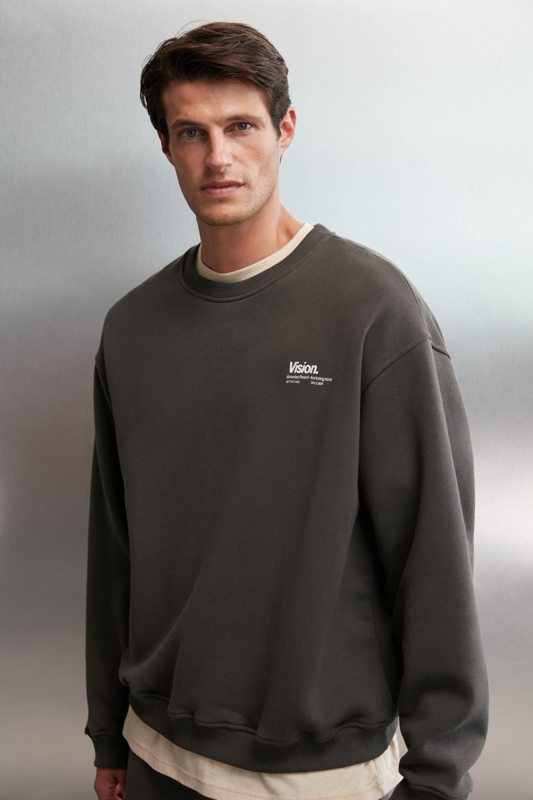ERNEST  Oversize Gri Tekli Sweatshirt