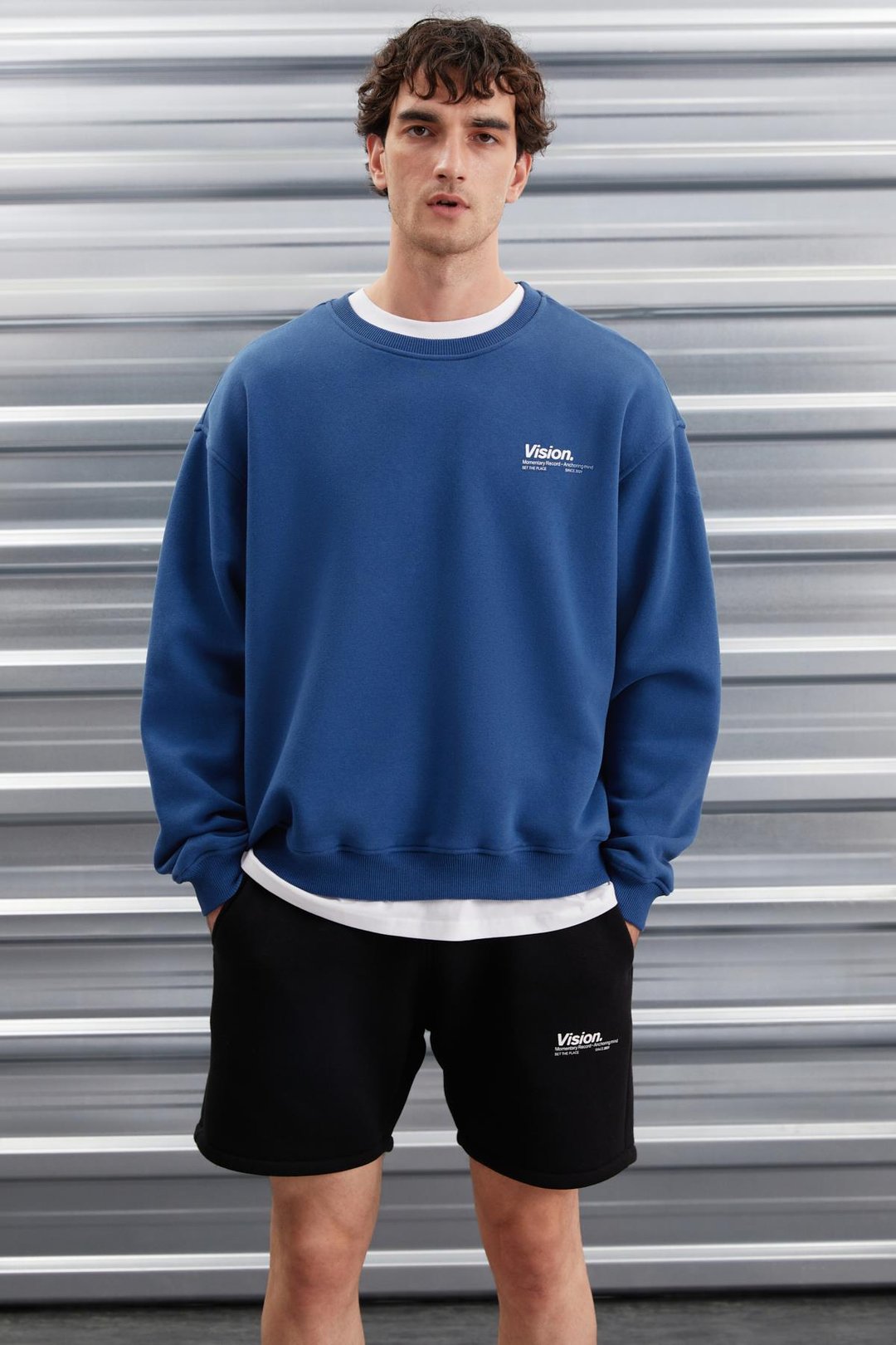 ERNEST  Oversize Mavi Tekli Sweatshirt