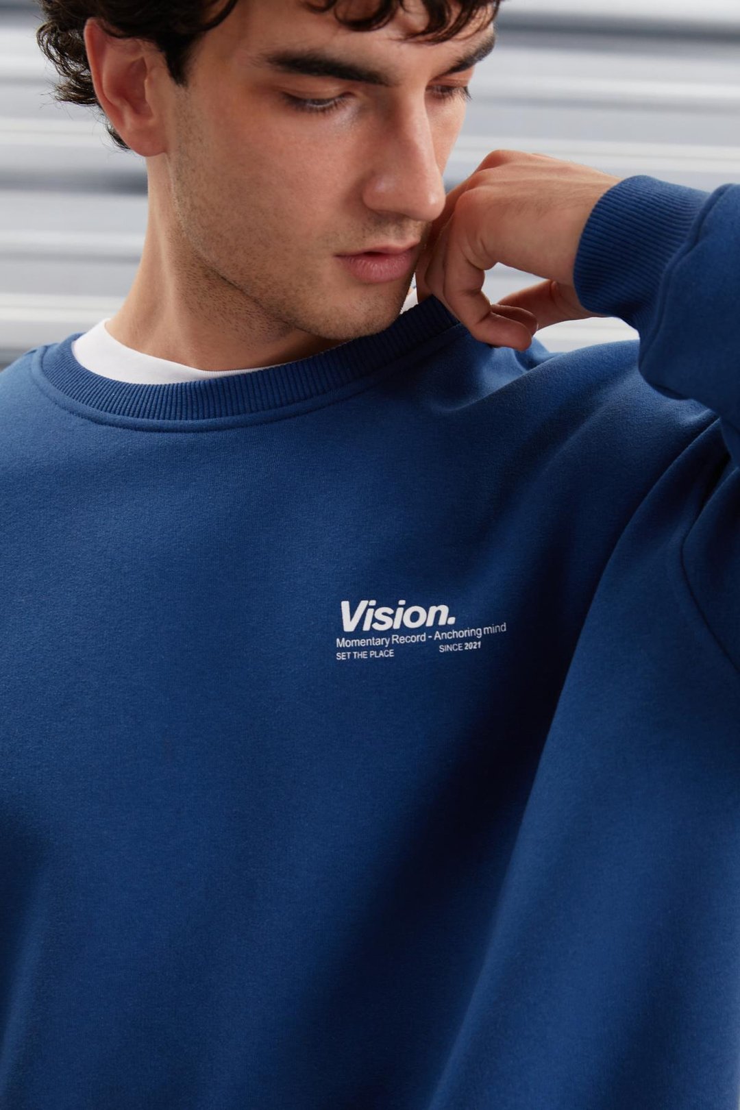 ERNEST  Oversize Mavi Tekli Sweatshirt