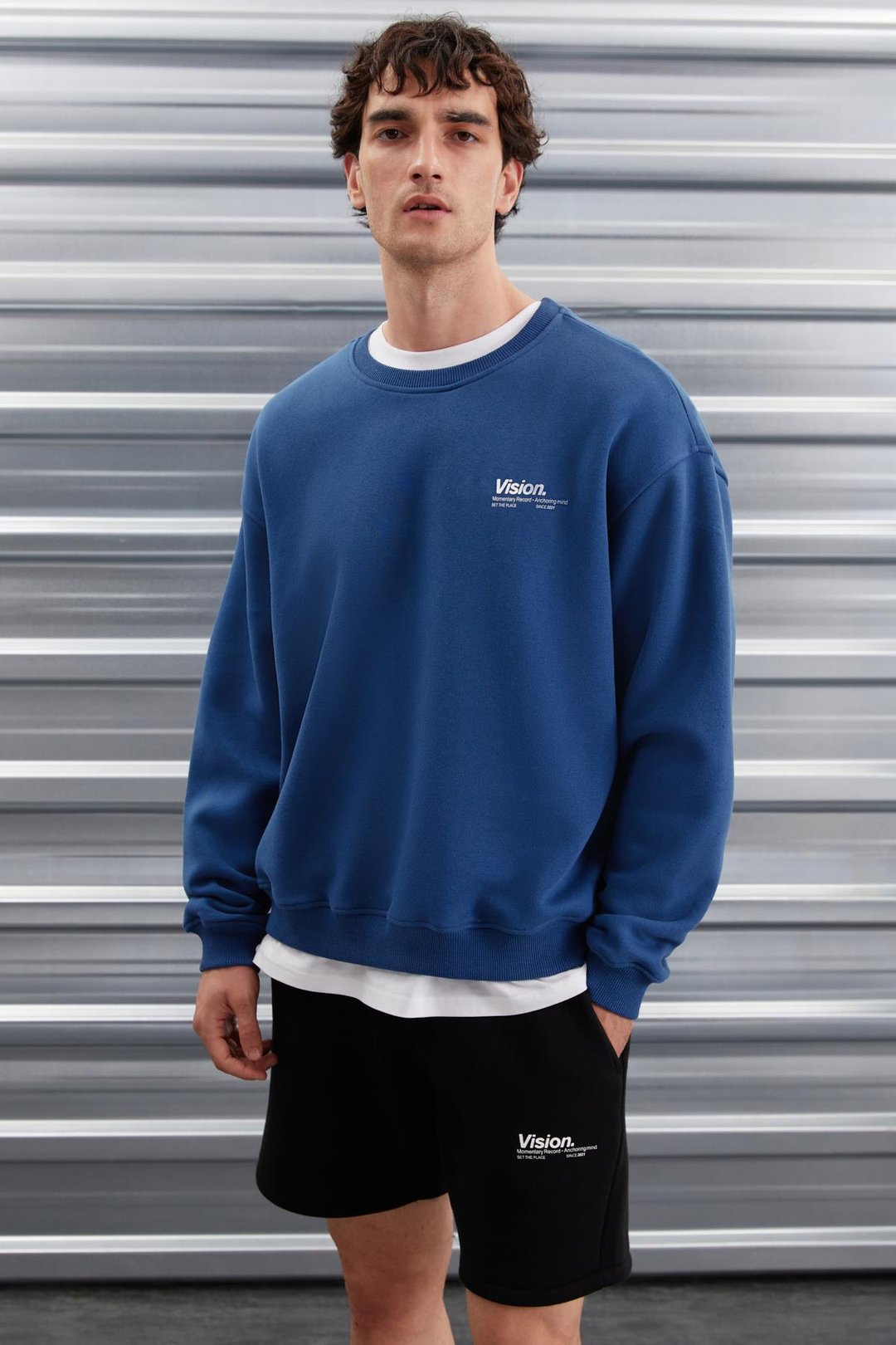 ERNEST  Oversize Mavi Tekli Sweatshirt