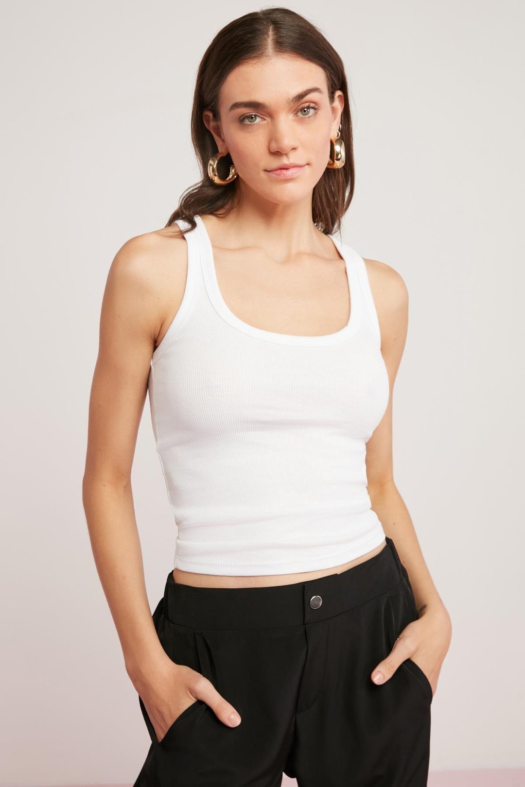 ETHIQUET LILLESOL Kadın Fitilli Görünümlü Slim Fit Vücuda Oturan Havuz Yakalı Pamuklu Basic Beyaz Atlet