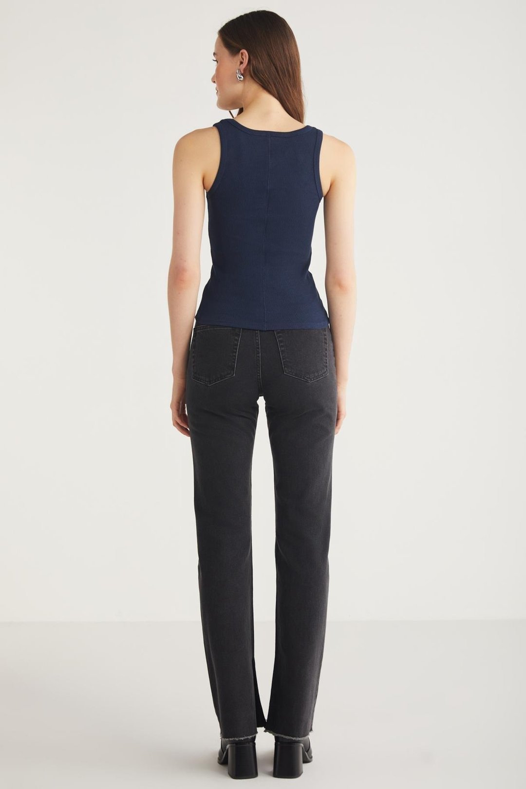 ETHIQUET LILLESOL Kadın Fitilli Görünümlü Slim Fit Vücuda Oturan Havuz Yakalı Pamuklu Basic Lacivert Atlet