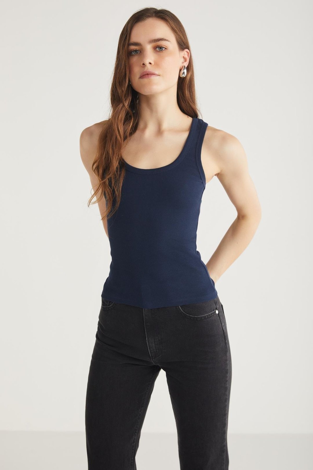 ETHIQUET LILLESOL Kadın Fitilli Görünümlü Slim Fit Vücuda Oturan Havuz Yakalı Pamuklu Basic Lacivert Atlet